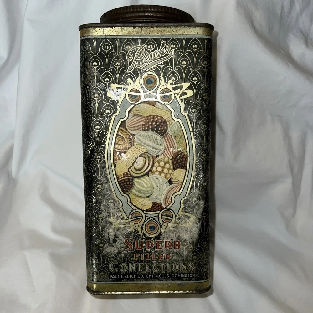 Vintage Metal Antique Advertising Tin Beichs Candy Confections Chicago peacock